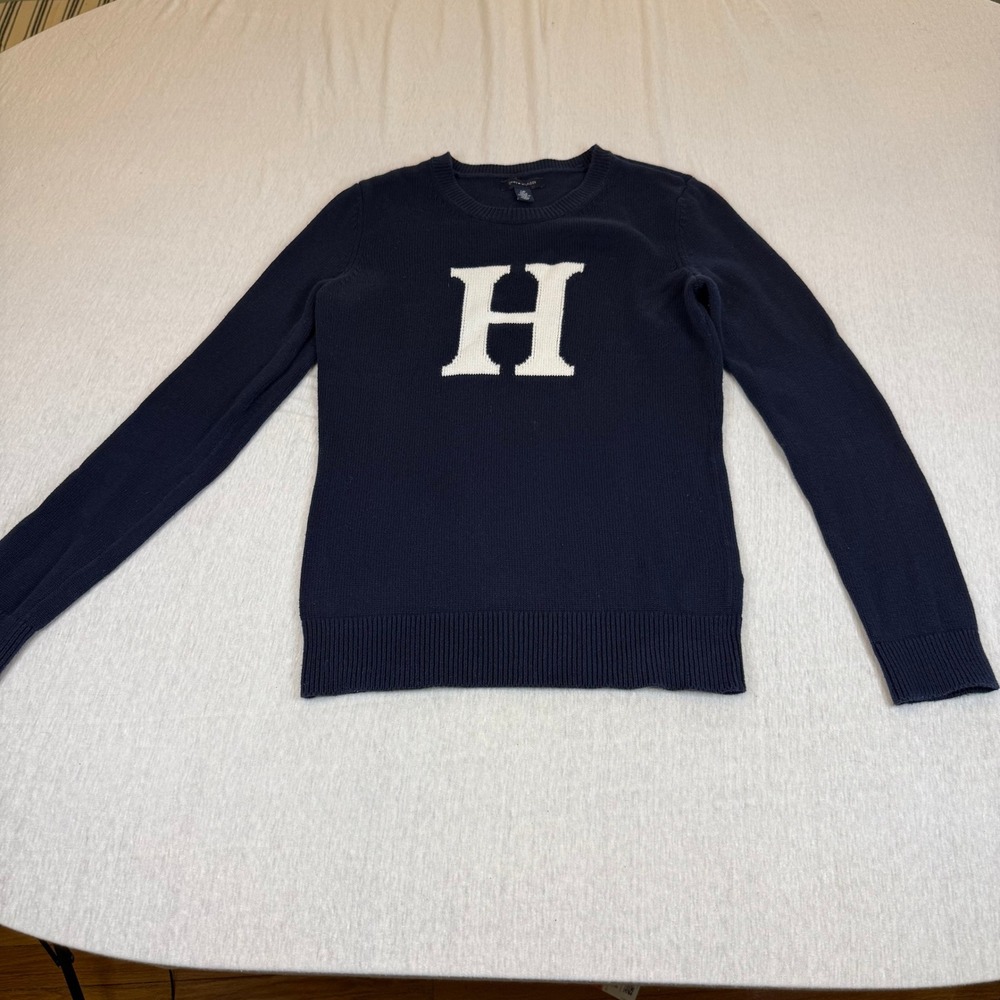 Tommy Hilfiger Navy Blue Intarsia H Logo Crewneck Sweater preppy Womens Small‎